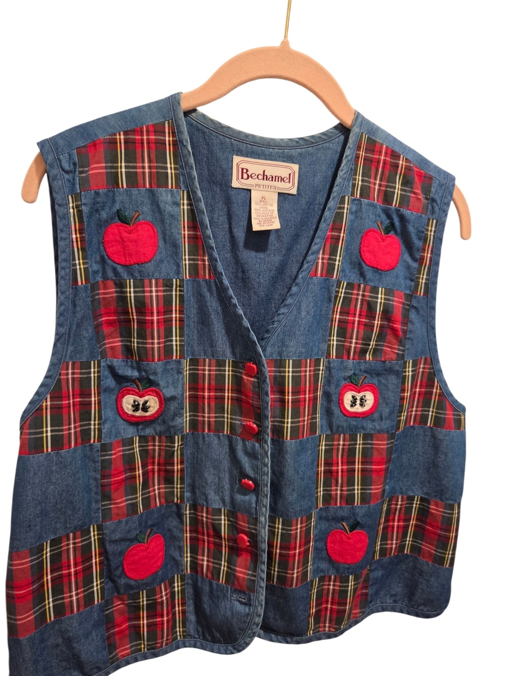 Bechamel Denim Patchwork Vest with Red Apple Appliqués